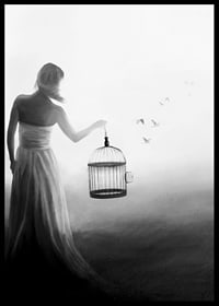Black and white painting of woman with cage and birds in flight-6