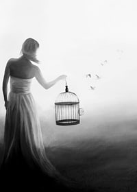 Black and white painting of woman with cage and birds in flight-7