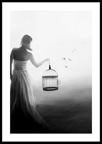 Black and white painting of woman with cage and birds in flight-0