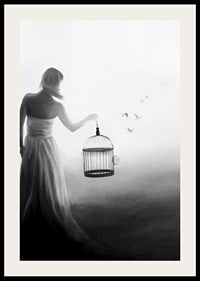 Black and white painting of woman with cage and birds in flight-2