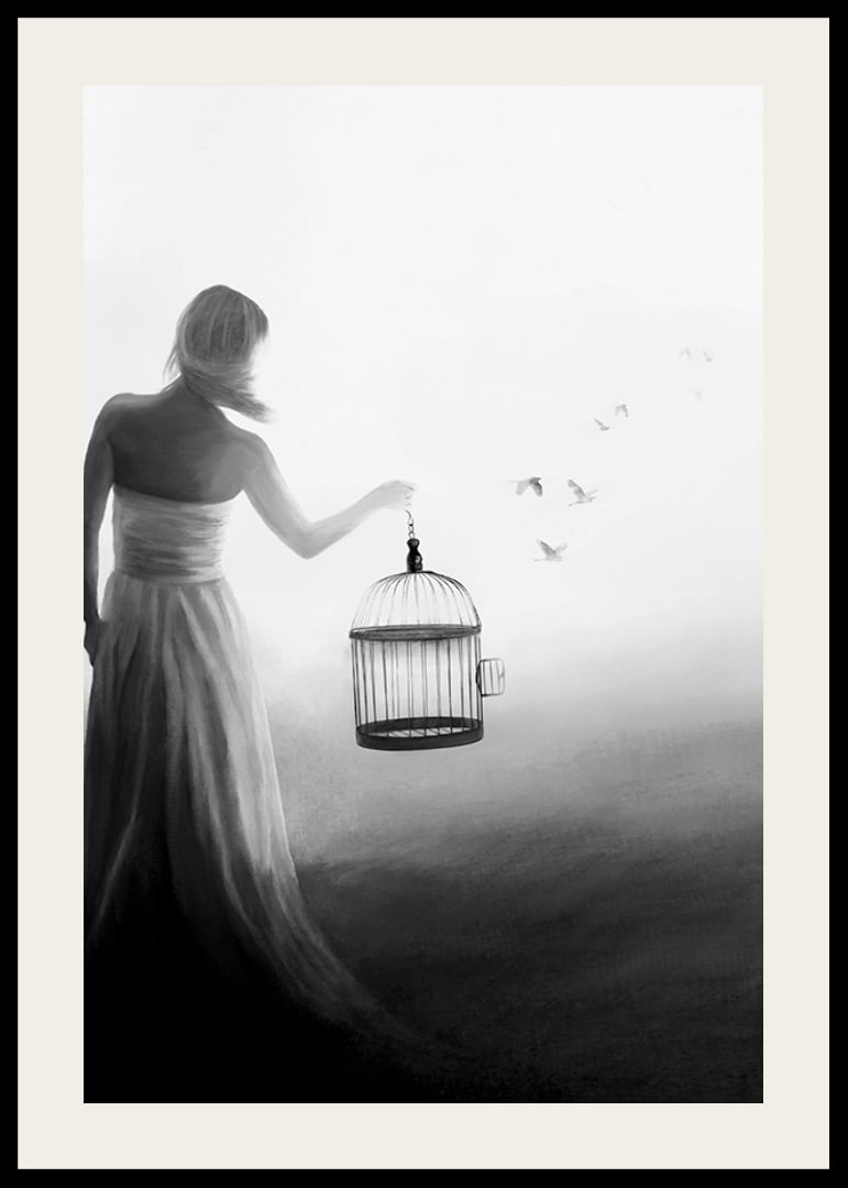 Black and white painting of woman with cage and birds in flight-12