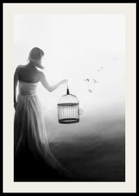 Čiernobiela maľba ženy s klietkou a vtákmi za letu-2