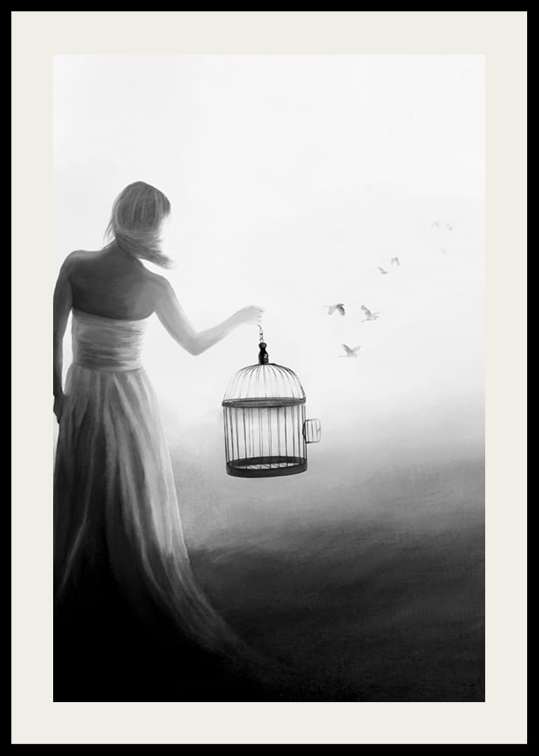 Čiernobiela maľba ženy s klietkou a vtákmi za letu-12