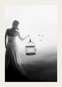 Black and white painting of woman with cage and birds in flight-3