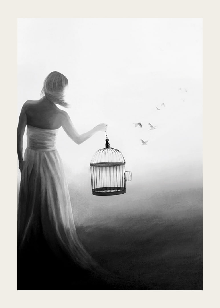 Black and white painting of woman with cage and birds in flight-12