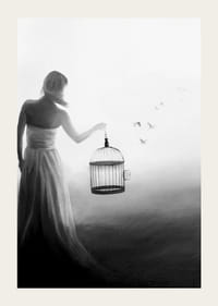 Čiernobiela maľba ženy s klietkou a vtákmi za letu-3