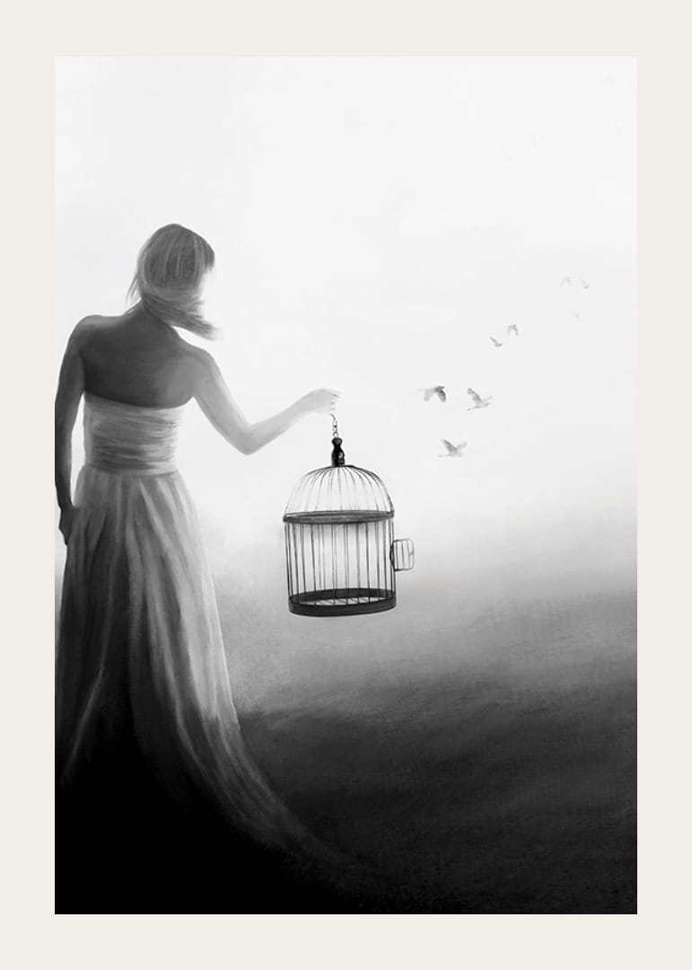 Čiernobiela maľba ženy s klietkou a vtákmi za letu-12