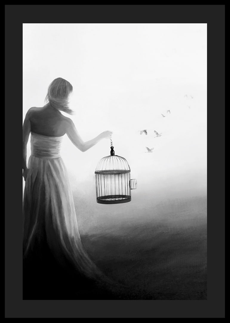 Black and white painting of woman with cage and birds in flight-12