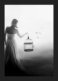 Čiernobiela maľba ženy s klietkou a vtákmi za letu-5