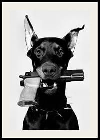 Čiernobiely doberman so zbraňou v ústach na svetlom pozadí-2