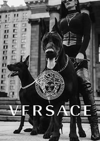Black and white fashion photo of woman with two Doberman dogs-7