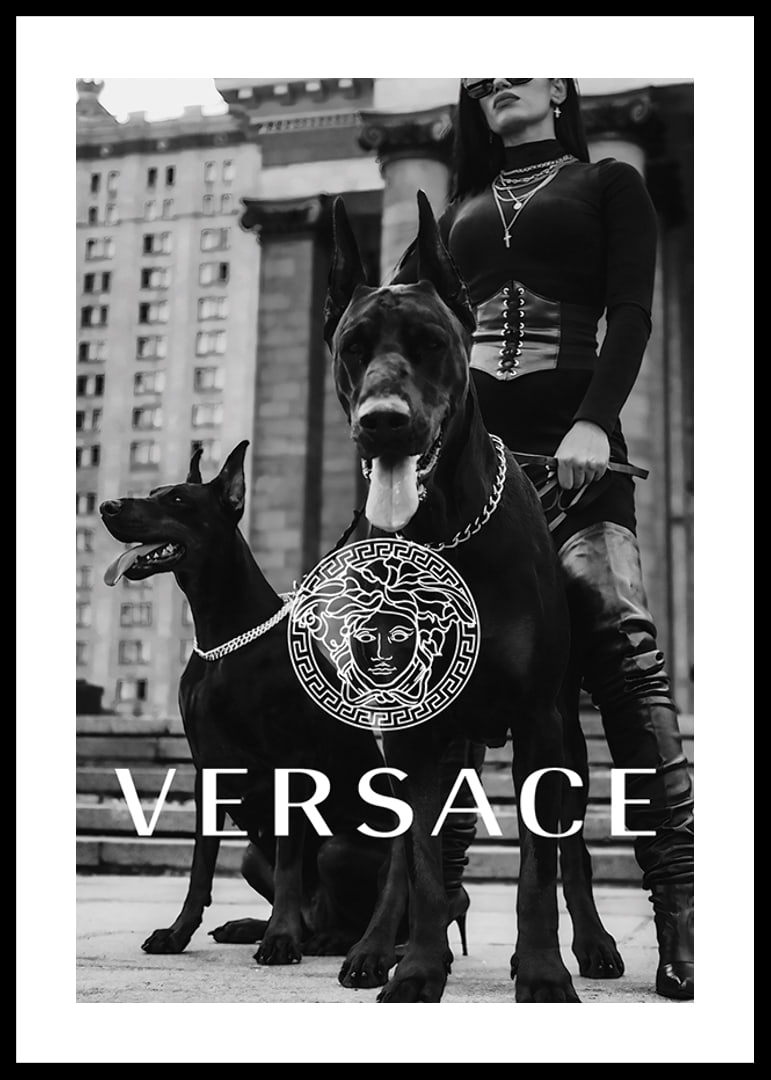 Black and white fashion photo of woman with two Doberman dogs-12