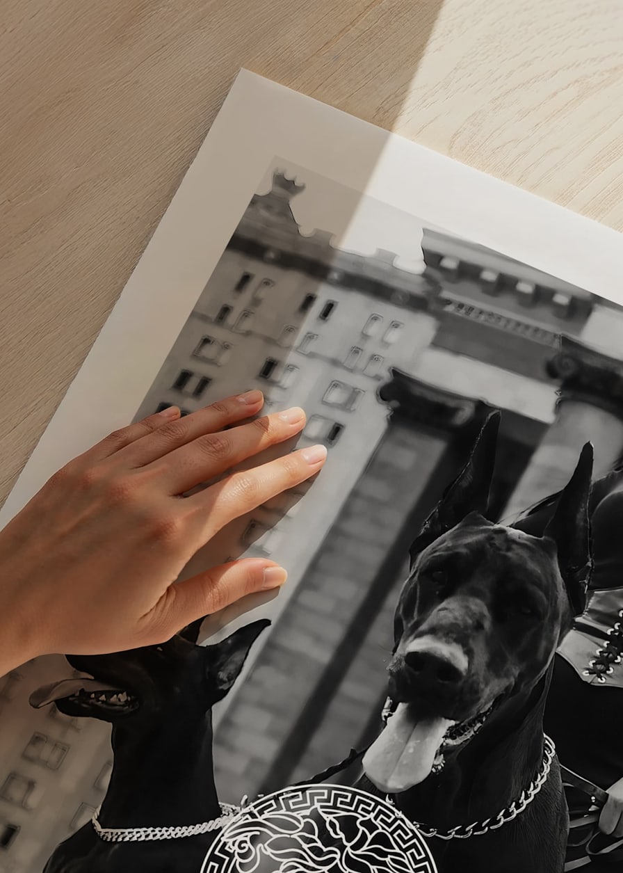 Black and white fashion photo of woman with two Doberman dogs-12