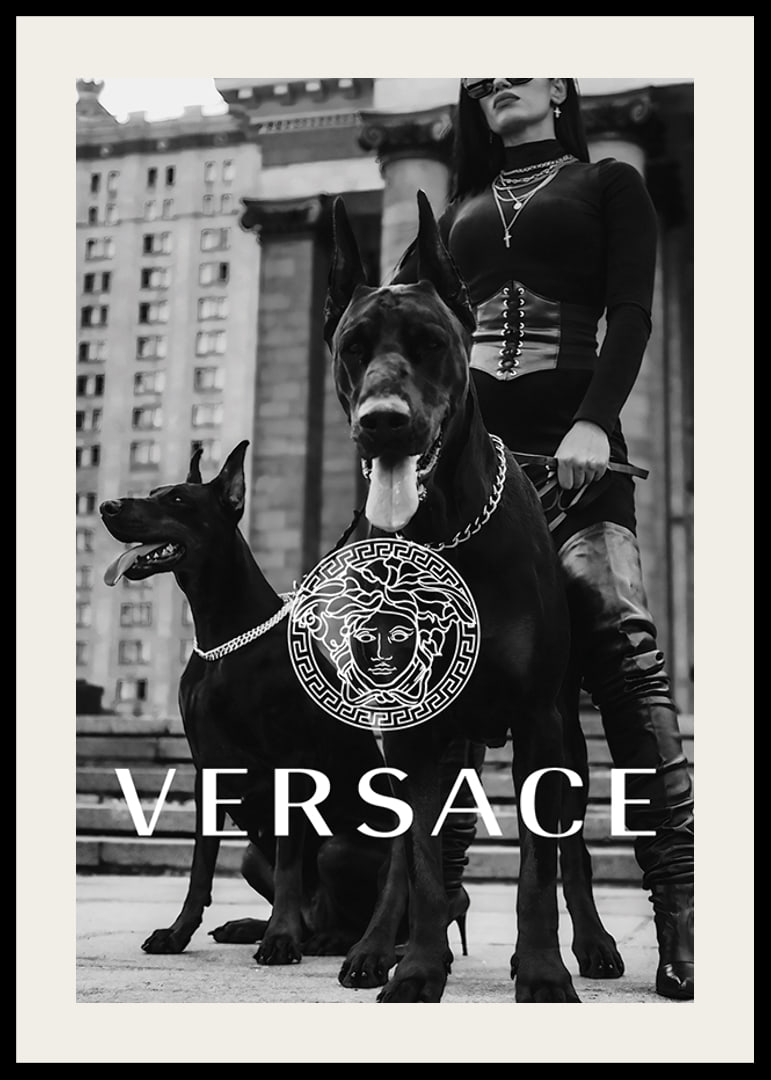 Black and white fashion photo of woman with two Doberman dogs-12