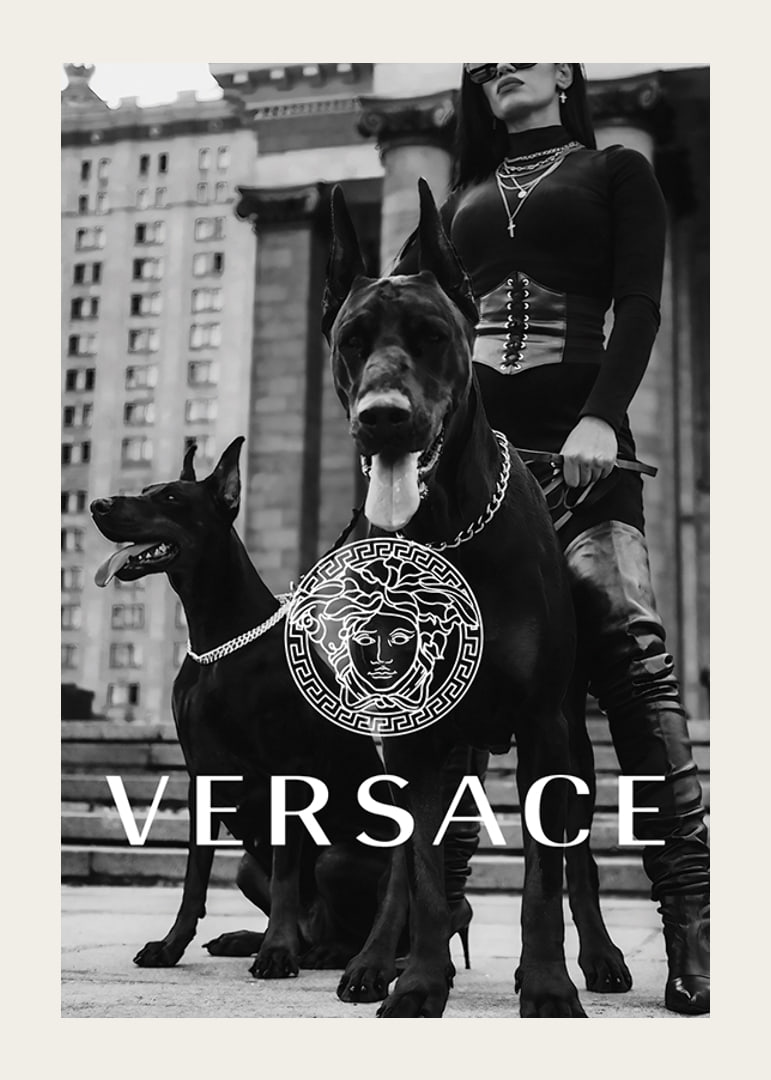 Black and white fashion photo of woman with two Doberman dogs-12