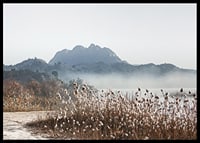 Photographic landscape with reeds, river and mountains in fog-6