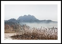 Photographic landscape with reeds, river and mountains in fog-0
