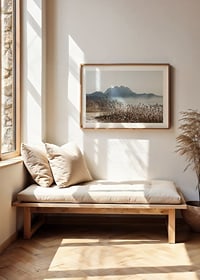 Photographic landscape with reeds, river and mountains in fog-8