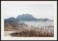 Photographic landscape with reeds, river and mountains in fog-2