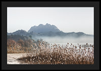 Photographic landscape with reeds, river and mountains in fog-4