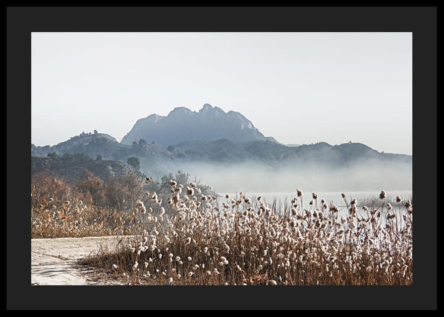 Fotografische Landschaft mit Schilf, Fluss und Bergen im Nebel-12