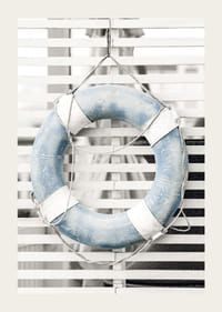 Photograph of light blue lifebuoy against white wooden wall in retro style-3