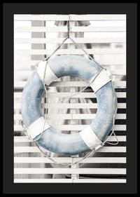 Photograph of light blue lifebuoy against white wooden wall in retro style-4