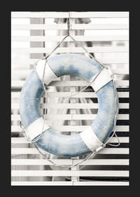 Photograph of light blue lifebuoy against white wooden wall in retro style-5