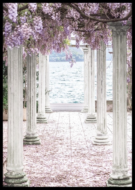 Fotografi av vita pelare täckta av lila blåregnsblommor vid sjö-12