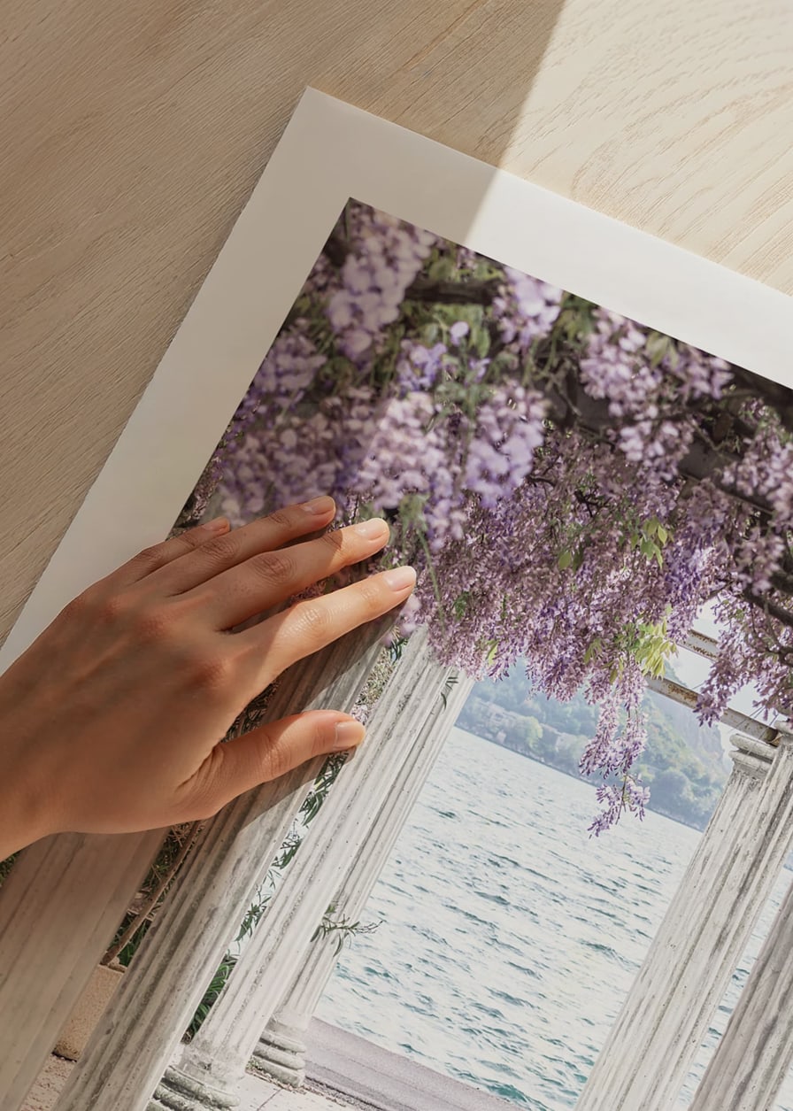 Fotografi av vita pelare täckta av lila blåregnsblommor vid sjö-12