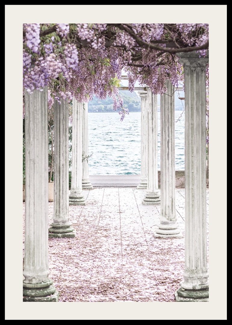 Fotografi av vita pelare täckta av lila blåregnsblommor vid sjö-12