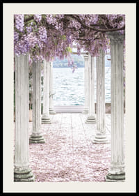 Zdjęcie białych filarów pokrytych fioletowymi kwiatami glicynii nad jeziorem-2