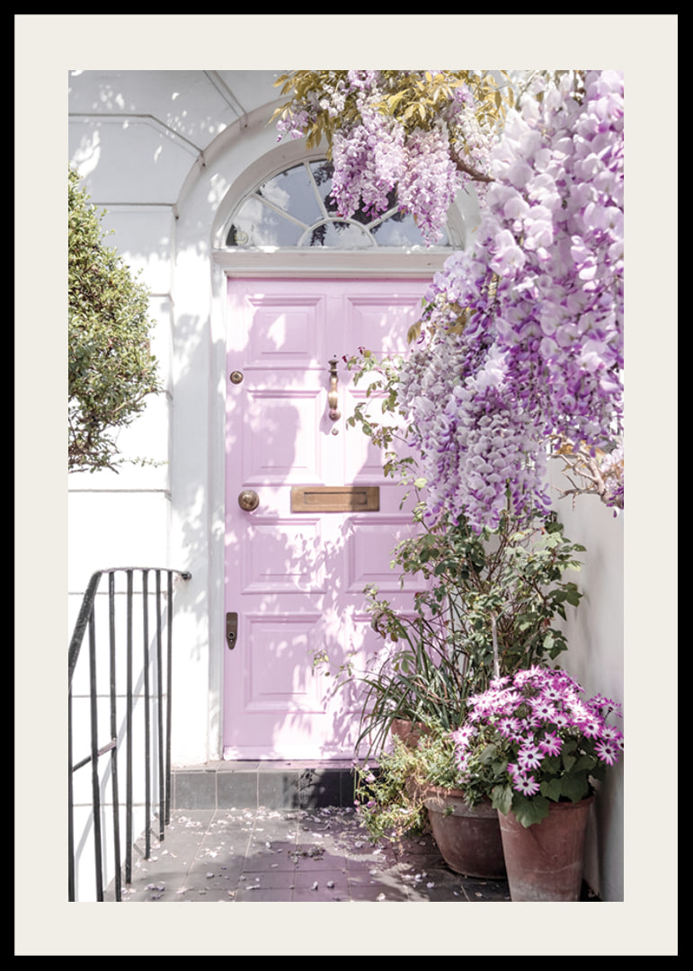 Light purple entrance door surrounded by purple flowers and greenery-12