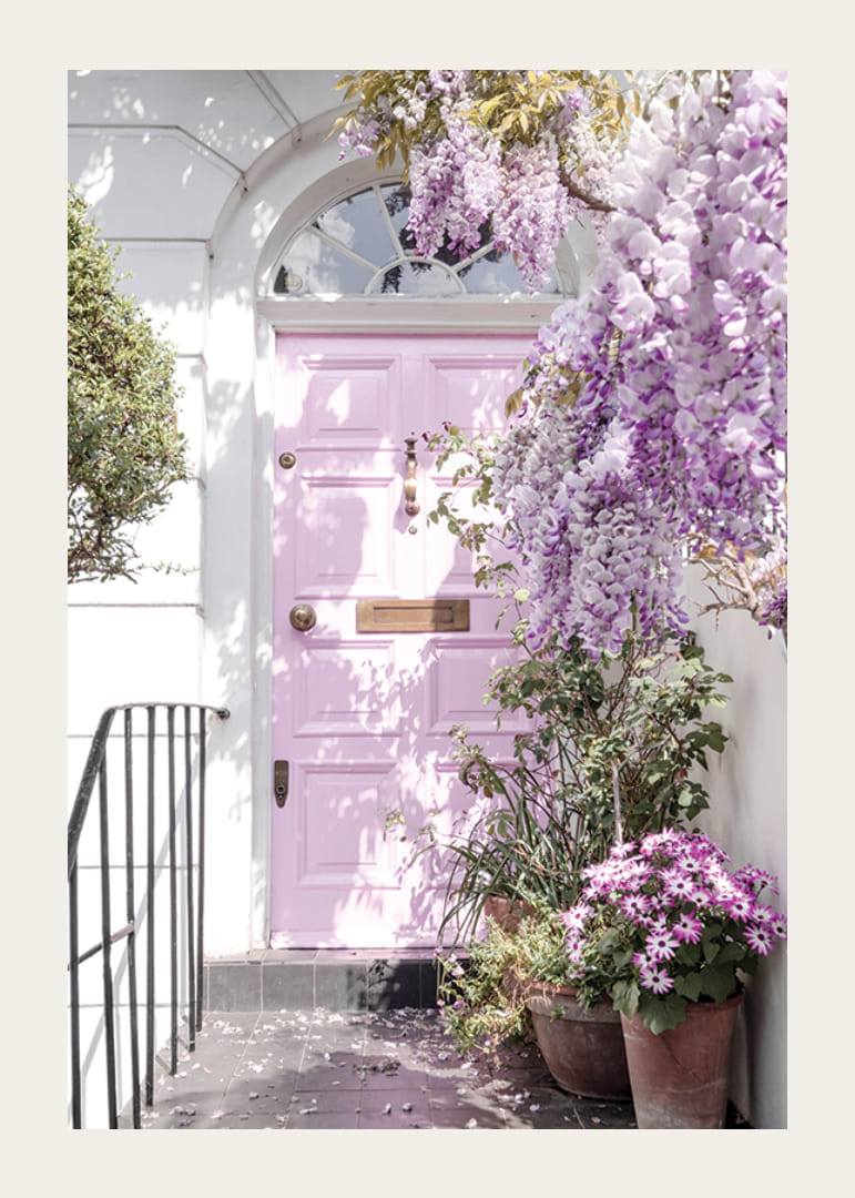 Porta d'ingresso viola chiaro circondata da fiori viola e verde-12