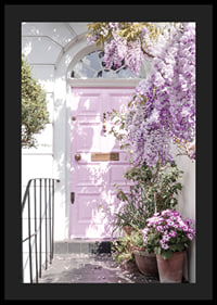 Light purple entrance door surrounded by purple flowers and greenery-4