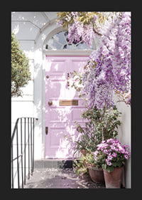 Light purple entrance door surrounded by purple flowers and greenery-5