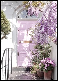 Light purple entrance door surrounded by purple flowers and greenery-6