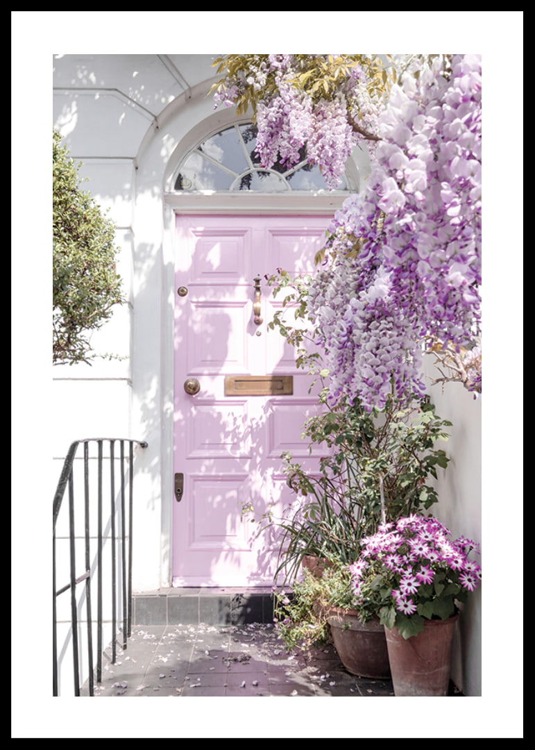 Light purple entrance door surrounded by purple flowers and greenery-12