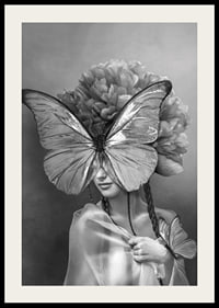 Black and white portrait of woman with butterfly mask and peonies-2