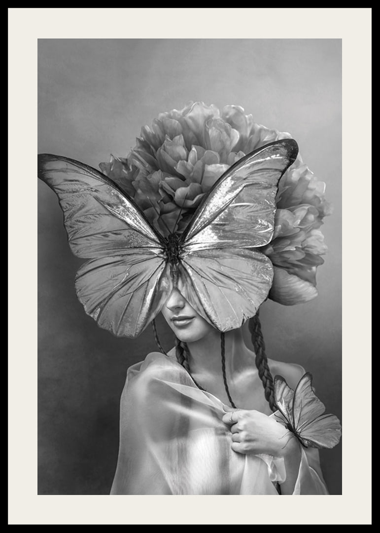 Black and white portrait of woman with butterfly mask and peonies-12