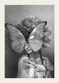 Black and white portrait of woman with butterfly mask and peonies-3