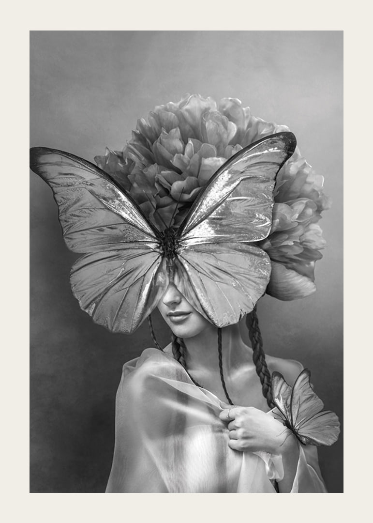 Black and white portrait of woman with butterfly mask and peonies-12