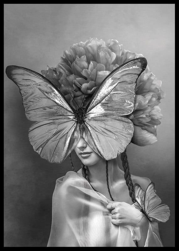 Black and white portrait of woman with butterfly mask and peonies-12