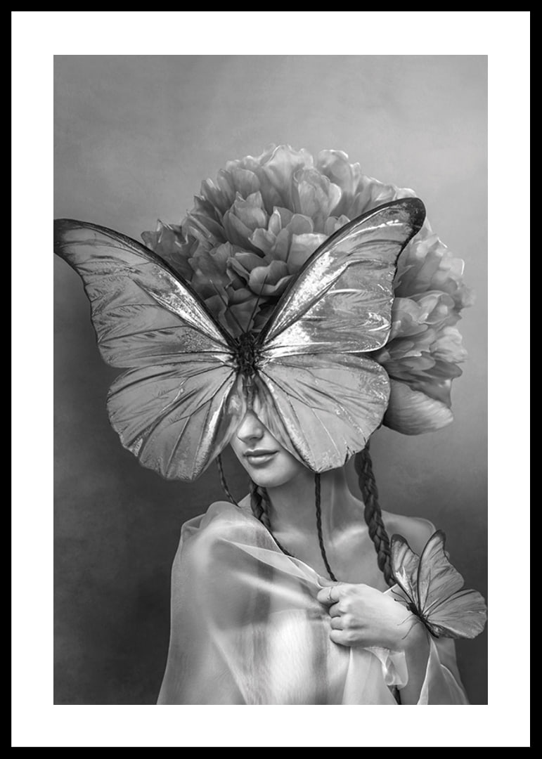 Black and white portrait of woman with butterfly mask and peonies-12