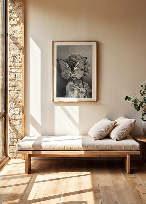 Black and white portrait of woman with butterfly mask and peonies-12