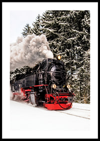 Steam locomotive trudging through snowy winter landscape, photography-0