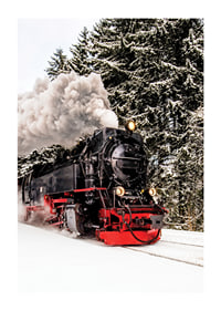 Steam locomotive trudging through snowy winter landscape, photography-1
