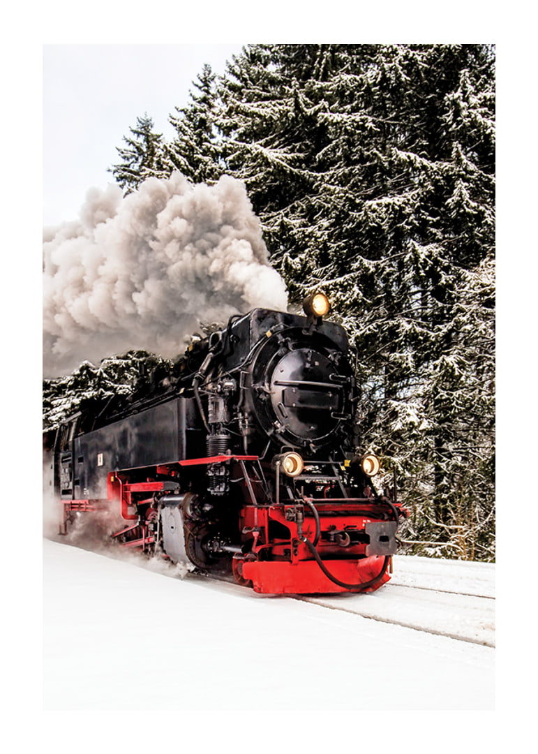 Steam locomotive trudging through snowy winter landscape, photography-12
