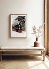 Steam locomotive trudging through snowy winter landscape, photography-8