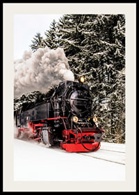 Steam locomotive trudging through snowy winter landscape, photography-2
